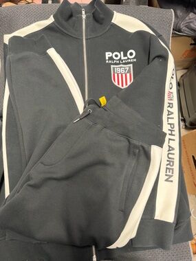 Polo by Ralph Lauren Black and Cream Zip-Up Tracksuit with Red Accent Shield